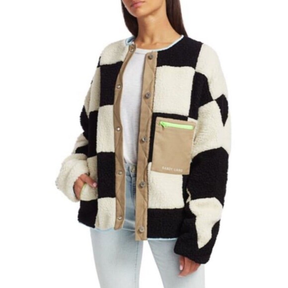 Womens Sandy Liang Oversized Pawn Checkered Fleece Jacket Size S - Picture 2 of 3